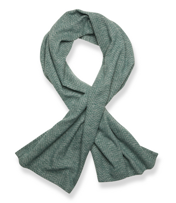 Green herringbone woven shawl with textured pattern and fringed edges.4