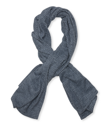 Midnight navy shawl with herringbone weave pattern displayed in open loop configuration.4