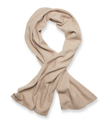 Beige shawl with herringbone weave pattern displayed in draped loop.4