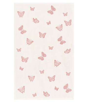 Cream blanket with scattered pink butterflies in varying sizes and patterns throughout.6