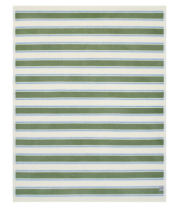 Cream, green, and blue striped blanket with dotted trim detail throughout.8