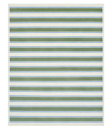 Blanket with horizontal stripes in cream, blue, and green with scalloped edges throughout.3