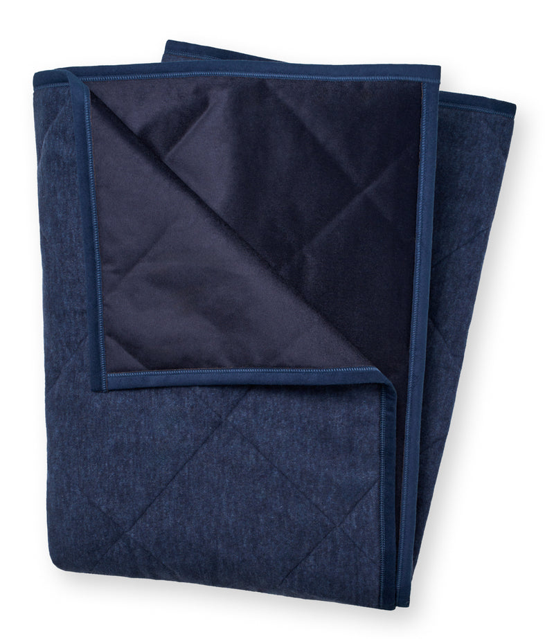 Navy blue quilted outdoor blanket with darker navy backing and blue stitched edges, folded to show both sides.