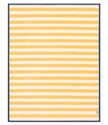 Rectangular blanket with alternating yellow and white horizontal stripes and dark blue border.8