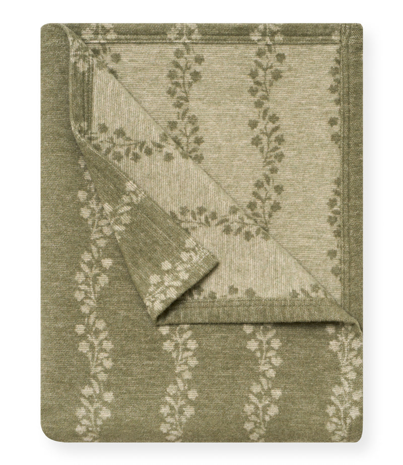 Sage green lightweight blanket with cream ivy leaf jacquard pattern throughout and darker border.