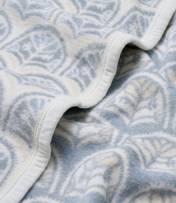 Blue and cream patterned blanket with scalloped white binding along the wavy edges.4