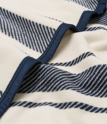 Navy and cream striped blanket with navy binding detail on edge.8