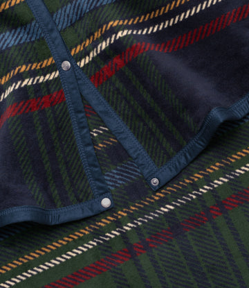 Tartan fabric with navy, green, red, and gold plaid pattern, featuring navy binding edges and white buttons at closure points3