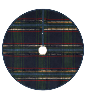 Circular tree skirt in Douglas tartan with navy, green, red, and gold plaid pattern and center opening.4