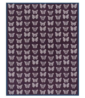 Dark burgundy blanket with repeating white butterfly pattern and teal blue border.6