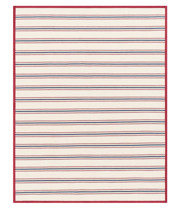 Cream blanket with horizontal red and blue stripes and red border.5