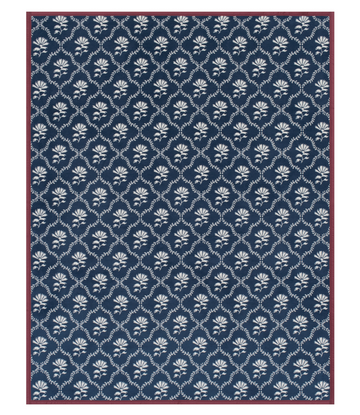 Navy blue blanket with white floral and vine trellis pattern throughout, burgundy border on all sides.6