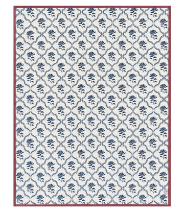 Cream blanket with repeating navy blue floral and trellis pattern, burgundy border.7
