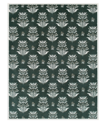 Dark green blanket with repeating cream and gold blockprint floral damask pattern throughout.6
