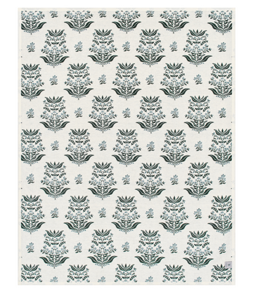 Cream blanket with repeating dark blue and teal blockprinted floral motifs arranged in symmetrical rows.7