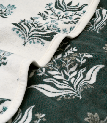 Folded blanket in cream and forest green with blockprinted botanical leaf and berry motifs.5