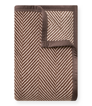 Brown and cream herringbone patterned blanket with solid chocolate brown binding and folded corner detail.1