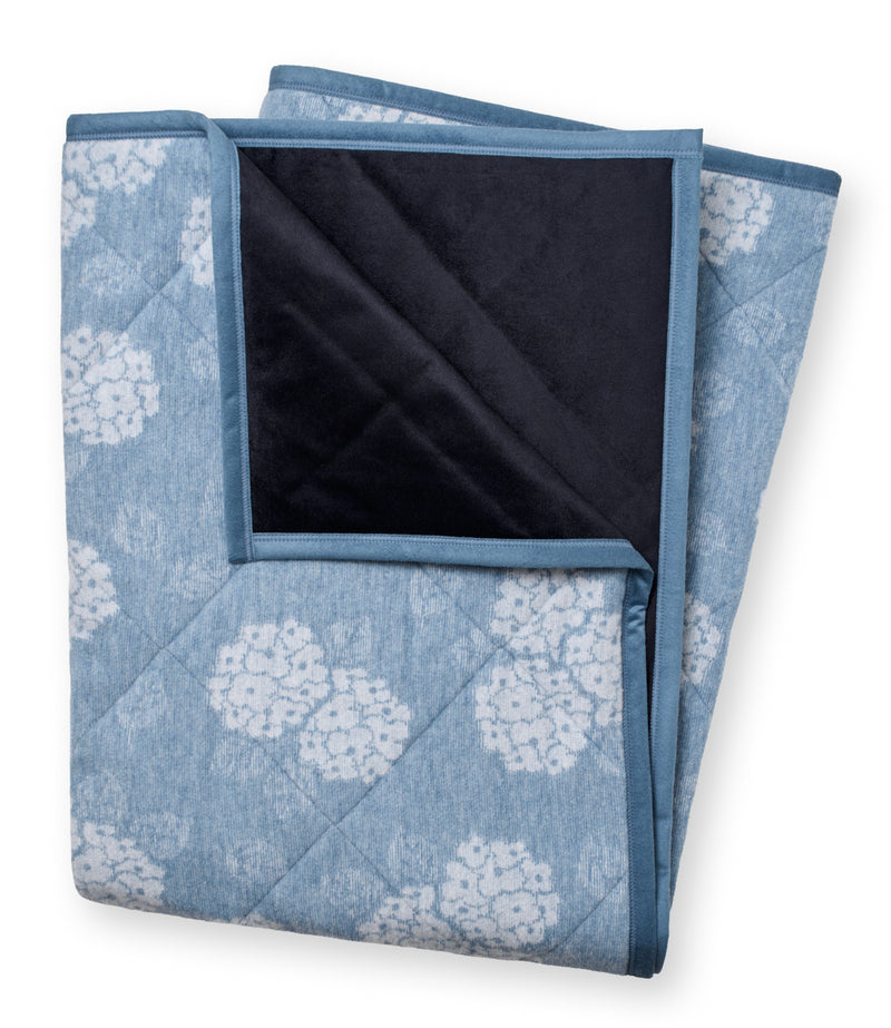 Blue outdoor blanket with white floral pattern, black waterproof backing visible, folded with blue binding edges.
