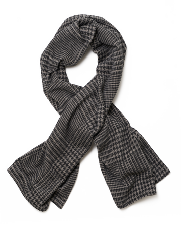 Gray and black houndstooth plaid shawl displayed in an open loop shape against a white background.4