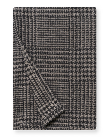 Gray and charcoal plaid woven shawl with folded edge detail.5