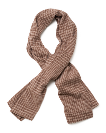 Brown houndstooth plaid shawl with textured weave laid flat in X formation.4