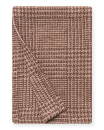 Chocolate brown plaid shawl with geometric woven pattern, partially folded.5