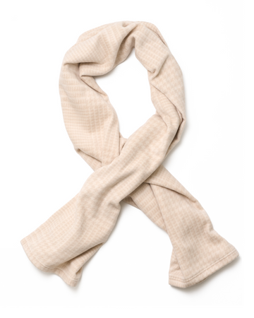 Oatmeal plaid shawl with woven texture displayed in a draped loop formation.4
