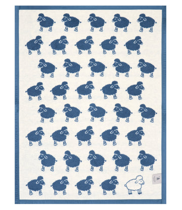 Small blanket with repeated navy sheep pattern on cream background and navy border.6