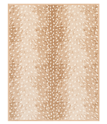 Beige blanket with white spotted deer hide pattern and darker brown center stripe.6