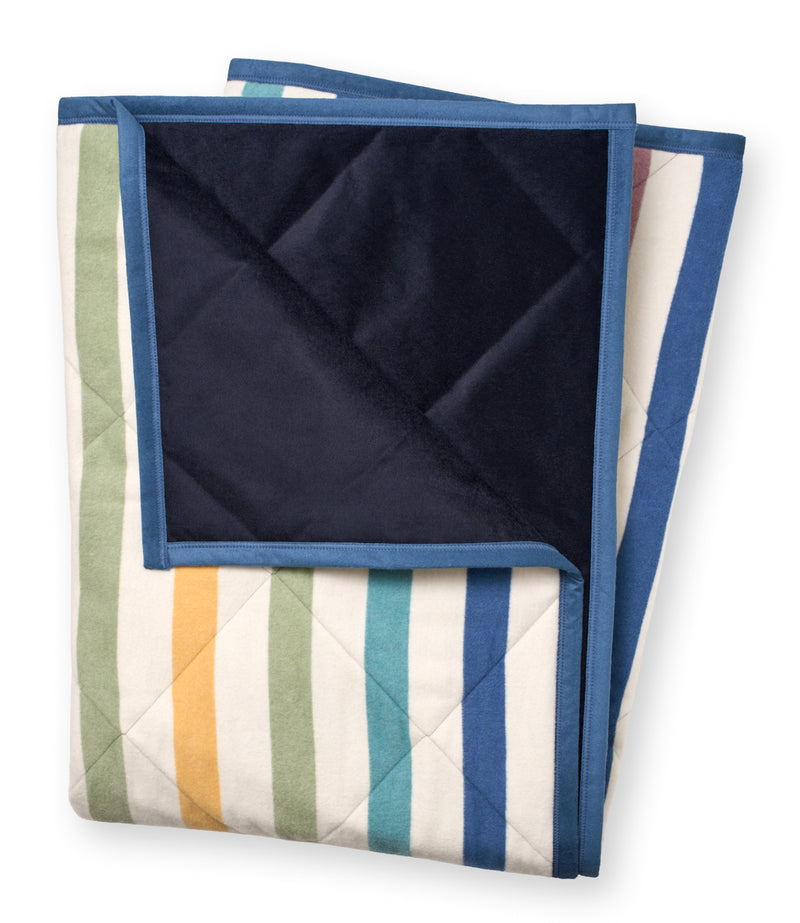 Outdoor blanket with navy blue top and cream base with green, yellow, and teal stripes, blue binding, and carrying handles.