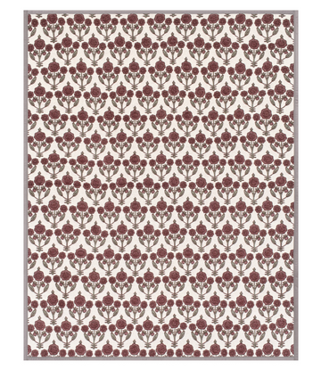 Cream blanket with repeating burgundy blockprint floral pattern and gray border.6