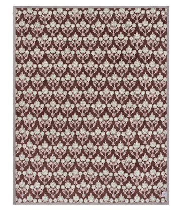 Brown blanket with cream repeating floral blockprint pattern and gray border.7