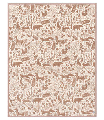 Beige and cream blanket with repeating pattern of woodland animals, plants, and foliage in sepia tones.7