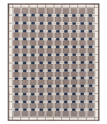 Beige and navy grid pattern blanket with cream gridlines and brown border.6