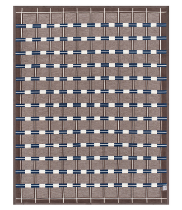 Tan woven blanket with navy blue and white horizontal grid stripe pattern throughout.7